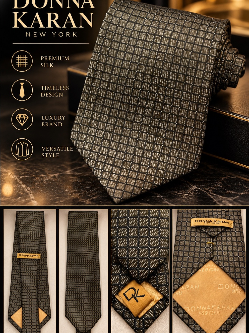 Donna Karan Black and Gold Grid Silk Tie
